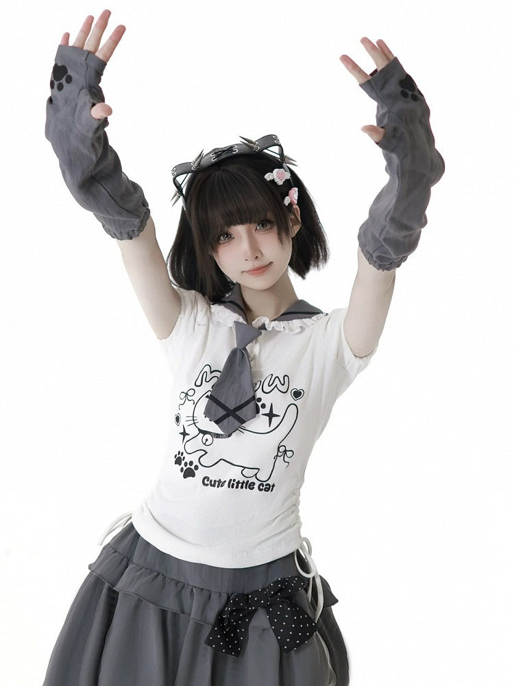 Side Armwear Free Ears with T-shirt Kitty Design Sailor Collar White Drawstring