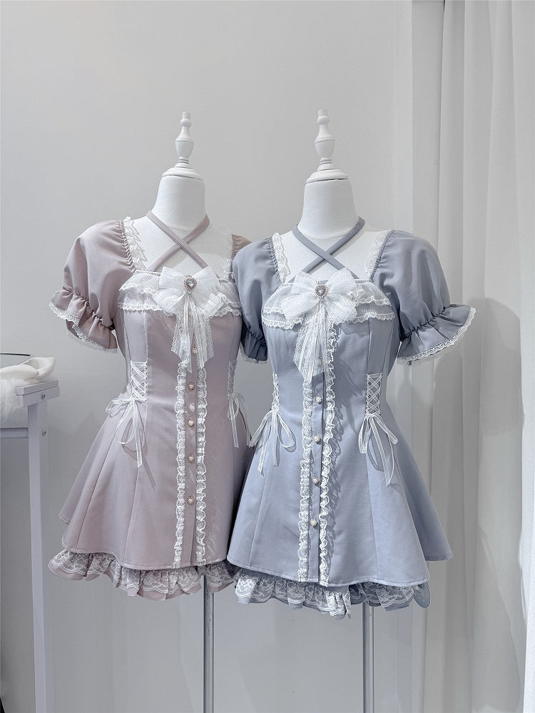 mit Dusty Dress Jirai und Kei Blue Tie Buttons Set: Neck Heart Neckholder Shorts verstellbar