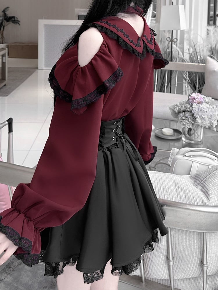 Jirai Kei Peter Pan Collar Cutout Shoulder Contrast Detachable Choker Trim Blouse Black with Wine Red Design Lace