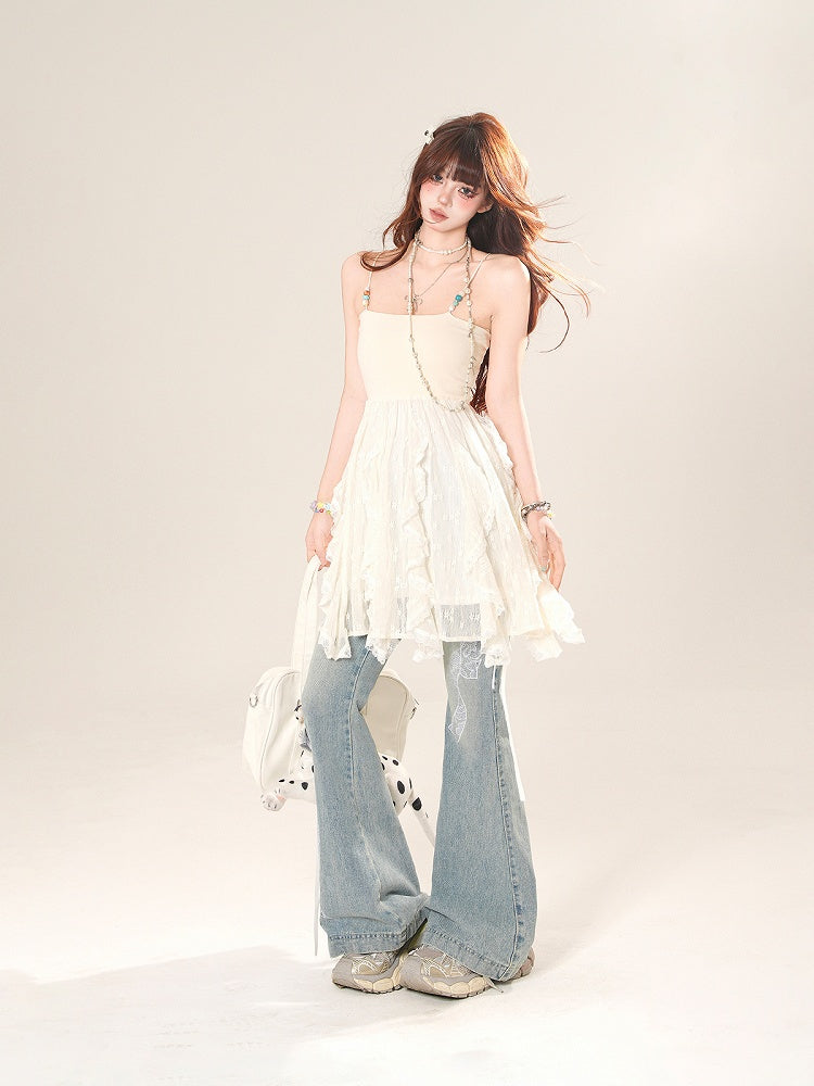 Cascading Ruffle Accents Lace Cami Top Blue/Apricot