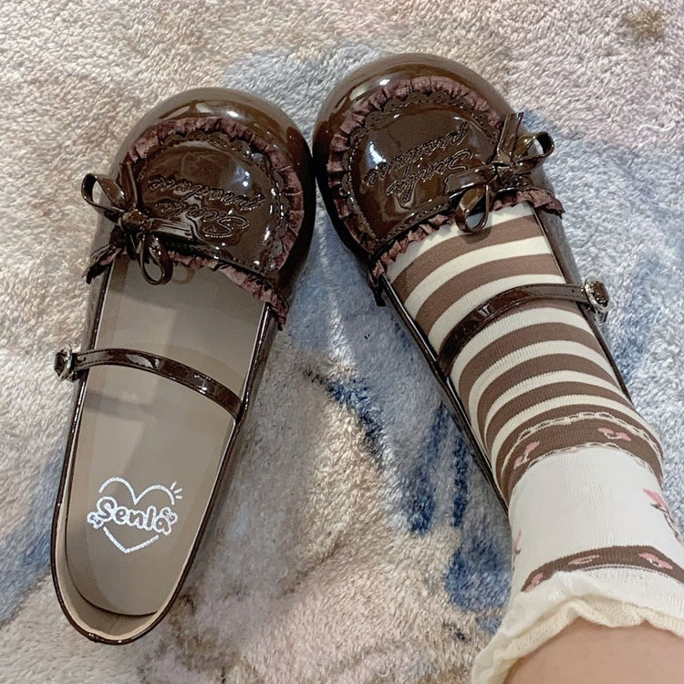 Sohle Leder Lolita geknotet süß braun Schleife flach Akzent mit Schuhe Rüschen Trim PU