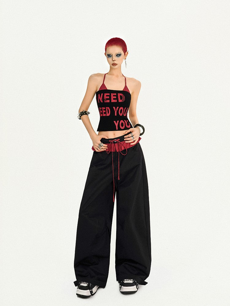 Ruffle Wide-Leg Pants with Red-Black Striped Two-piece Black Faux