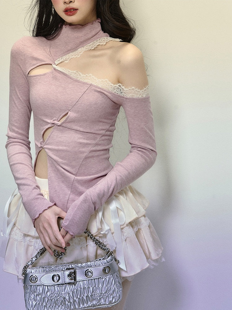 Purple Cutout Shoulder Mock Neck Top with Asymmetrical Hem