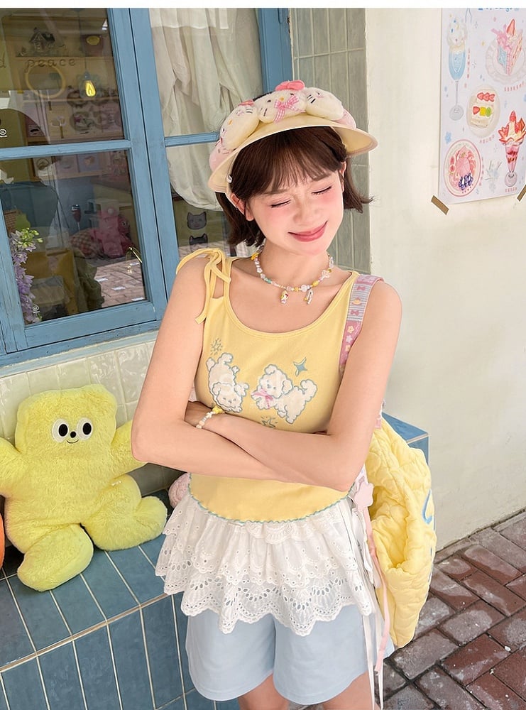 Self-tie Yellow Puppy Embroidery Lettuce Hem Tank Top Strap Shoulder with