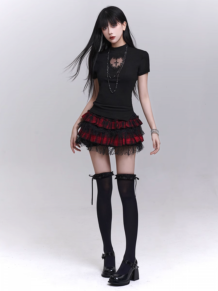 Trim Lining Red and Black Plaid Elastic Waist Lace Mini Tiered Skirt Bloomers