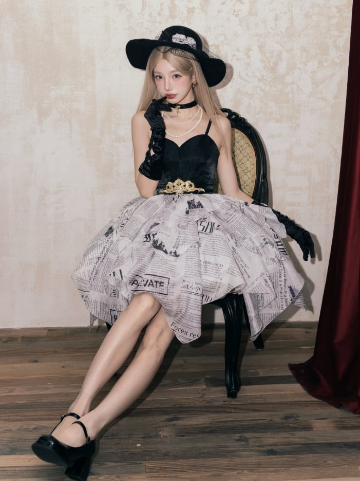 Elegant Skirt Layered Jumper Dress Lolita Print Newspaper Handkerchief