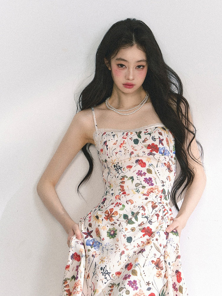Beige Floral Print Holiday Cami Dress Long/Short Version
