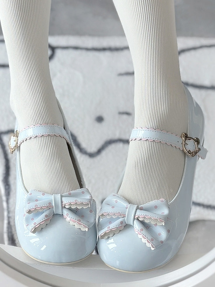Round Lolita Bow Mary Blue in Jane Toe Polka Shoes 2.5cm Dot Bear PU Sweet with and Embellishment Buckle Charming
