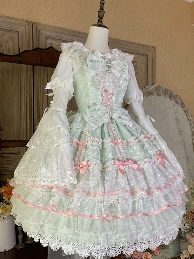 Mintgrüner Hanayome-Lolita-Pulloverrock mit Schleifenverzierung, süßes Hime-Lolita-Pulloverrock-Set