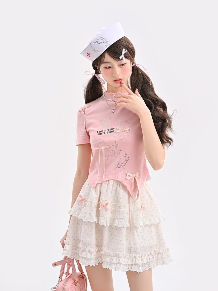T-Shirt Hem Curved Pink Ruffle Neckline Teddy Bear Rhinestones Bowknot Accents