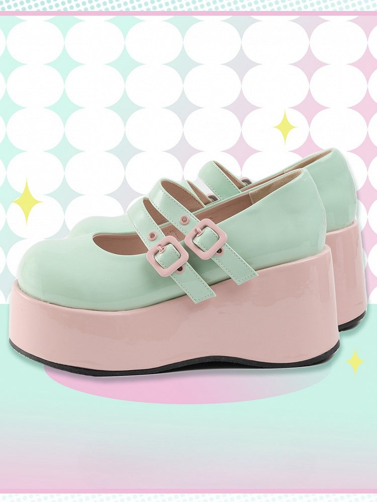 Leather PU Buckles Sweet Pink Lolita Green Sole Platforms with Wedge