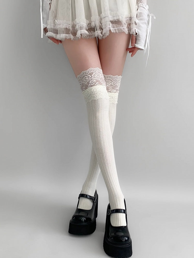 Lace Gray/Beige/Light Gray White/Black/Dark Knitted Over-knee Trim Stockings