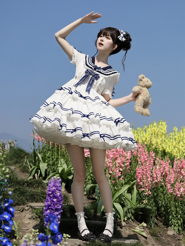 Sleeves Sailor Collar White with Summer Dress Short Detachable Lolita