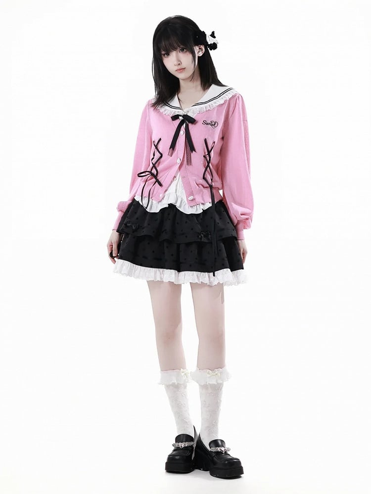Pink Lace-up Details Front Heart Button Placket Summer Knit Cardigan