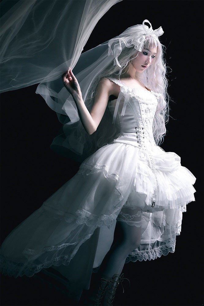 White Lace-up Details Boned Corset Top + High-low Layered Lolita Skirt