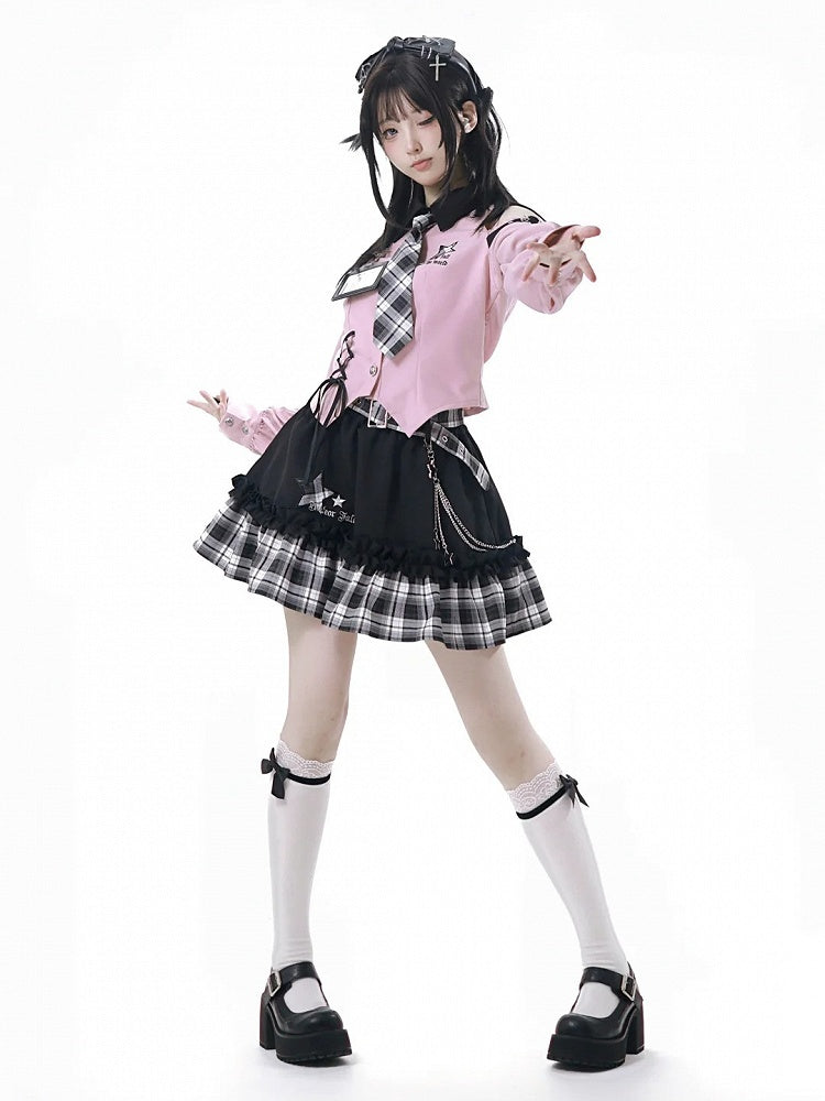 Chain Idol with Detachable Tiered Plaid Skirt Belt Black Waist Punk