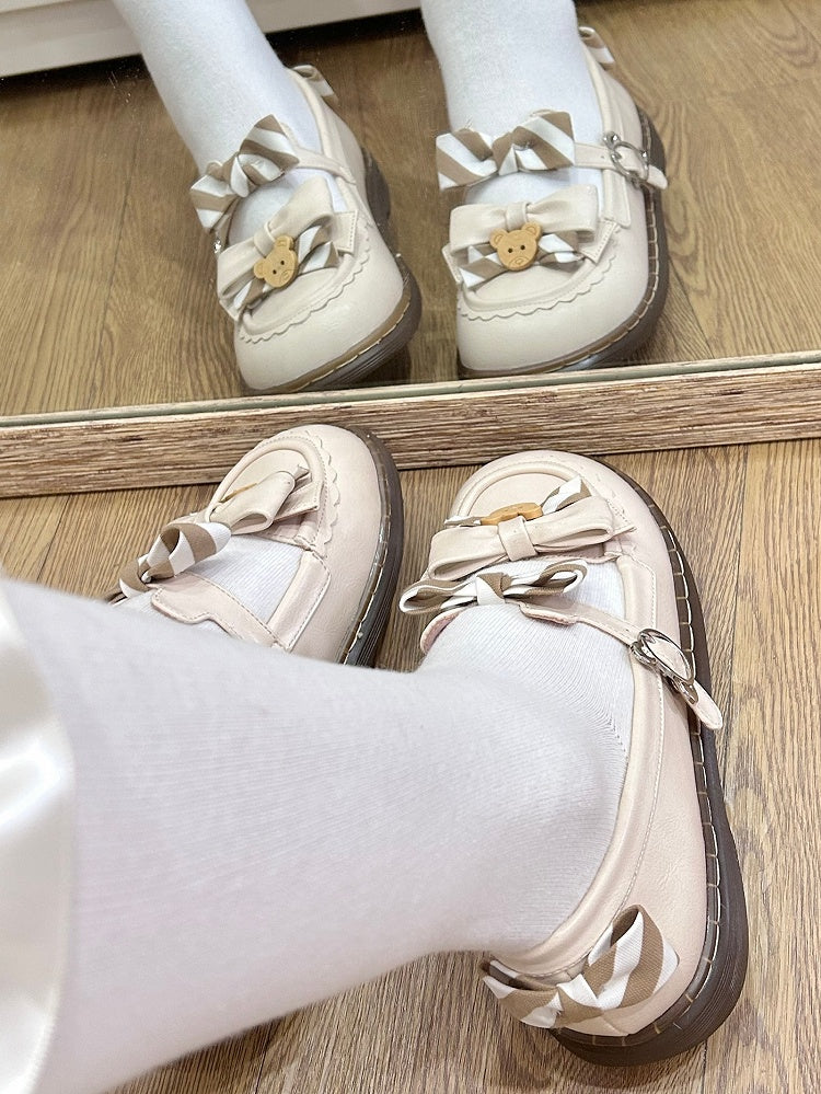 Muster PU Details Off-White 2cm - Gestreifte Schuhe Schleife Lolita Bär