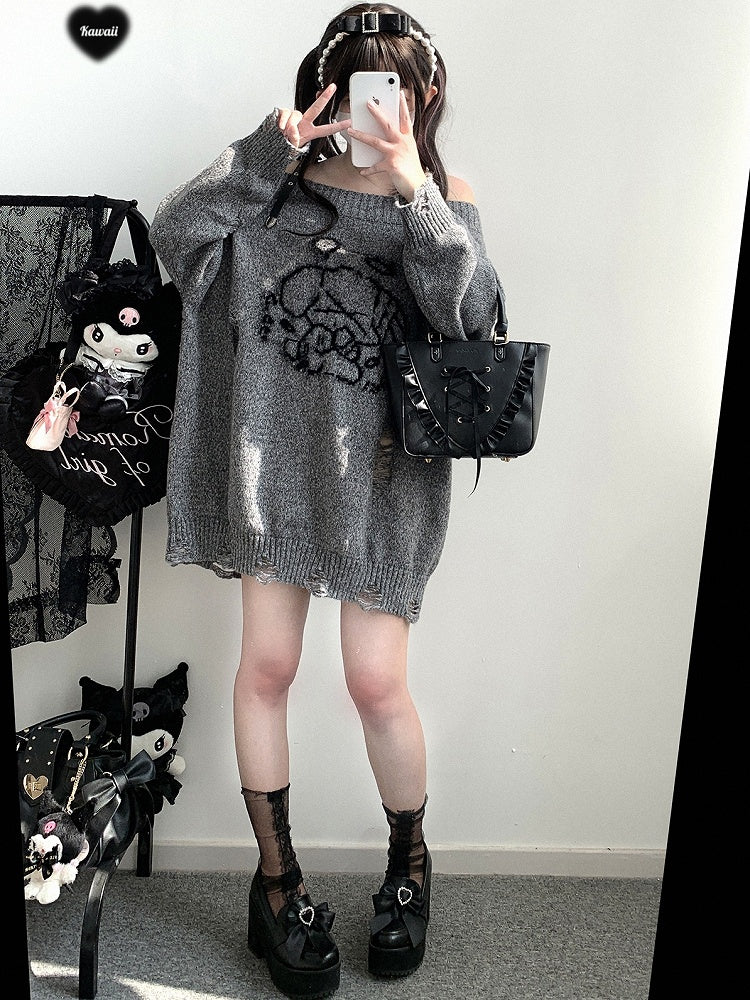 Jirai Kei – Grauer Pullover mit Engelswelpen-Grafik und abgenutzten Löchern in Landmine-Optik