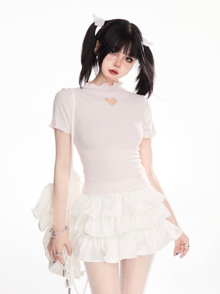 Heart-shaped Cutout Lettuce Hem T-Shirt Pink Mock Neck