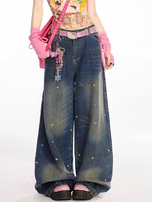 Colorful Polka-dot Pattern Dark Blue Distressed Wide-Leg Jeans