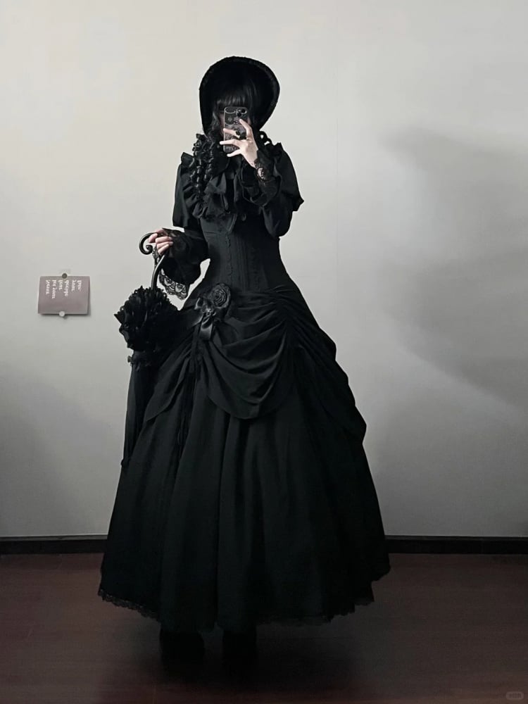 Schwarzer Hexenrock mit hoher Taille und Kordelzug im viktorianischen Goth-Lolita-Stil