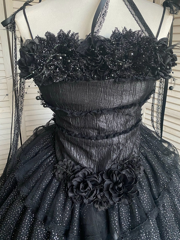 Spaghetti Elegant JSK Dress Lolita Black Straps Full Layered Kuro Set Shimmering