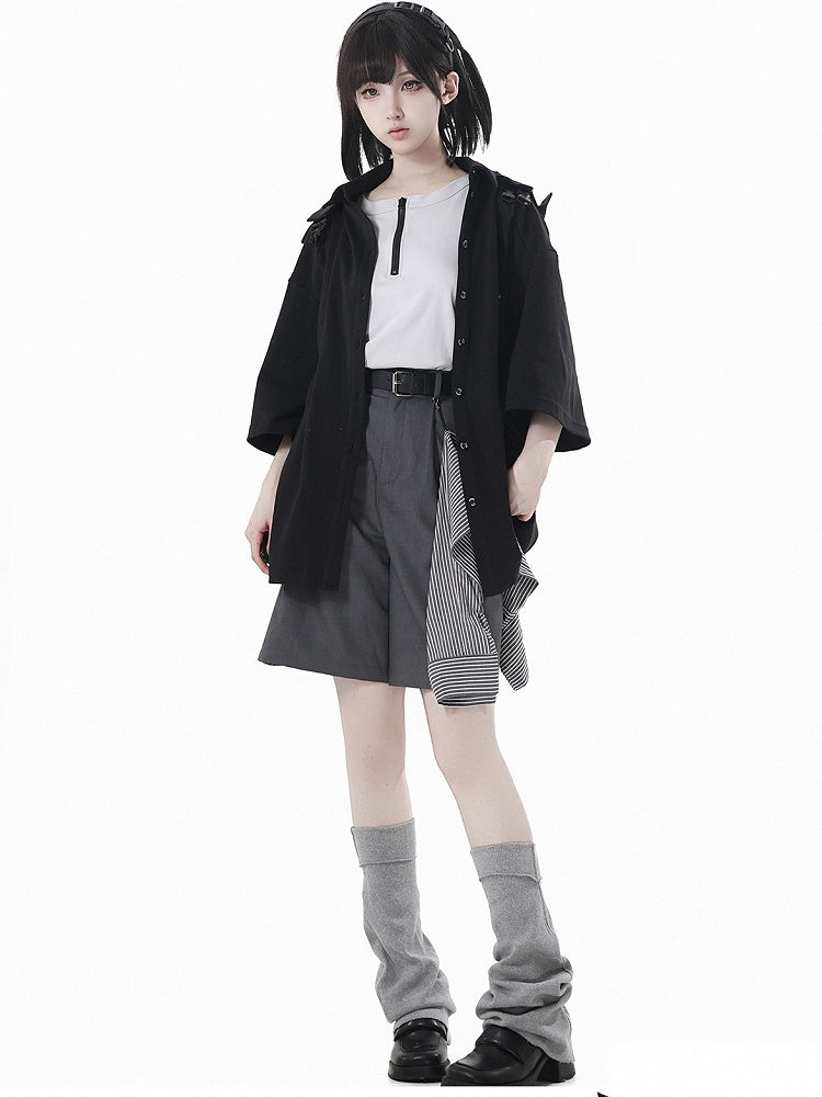 and Accessory Buckle Belt Shorts with Striped Gray Casual