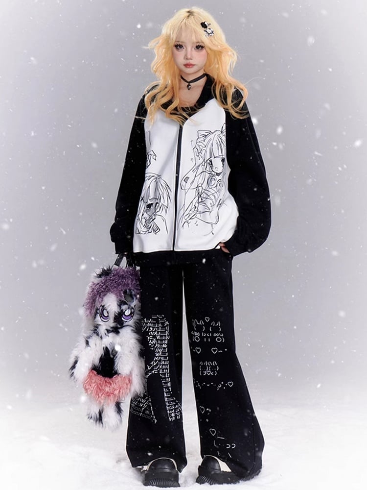 ブラック マンガガール プリント ストレートレッグ カット パンツ