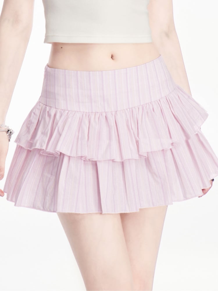 ウエストティアードストライプスカート ピンク ロー