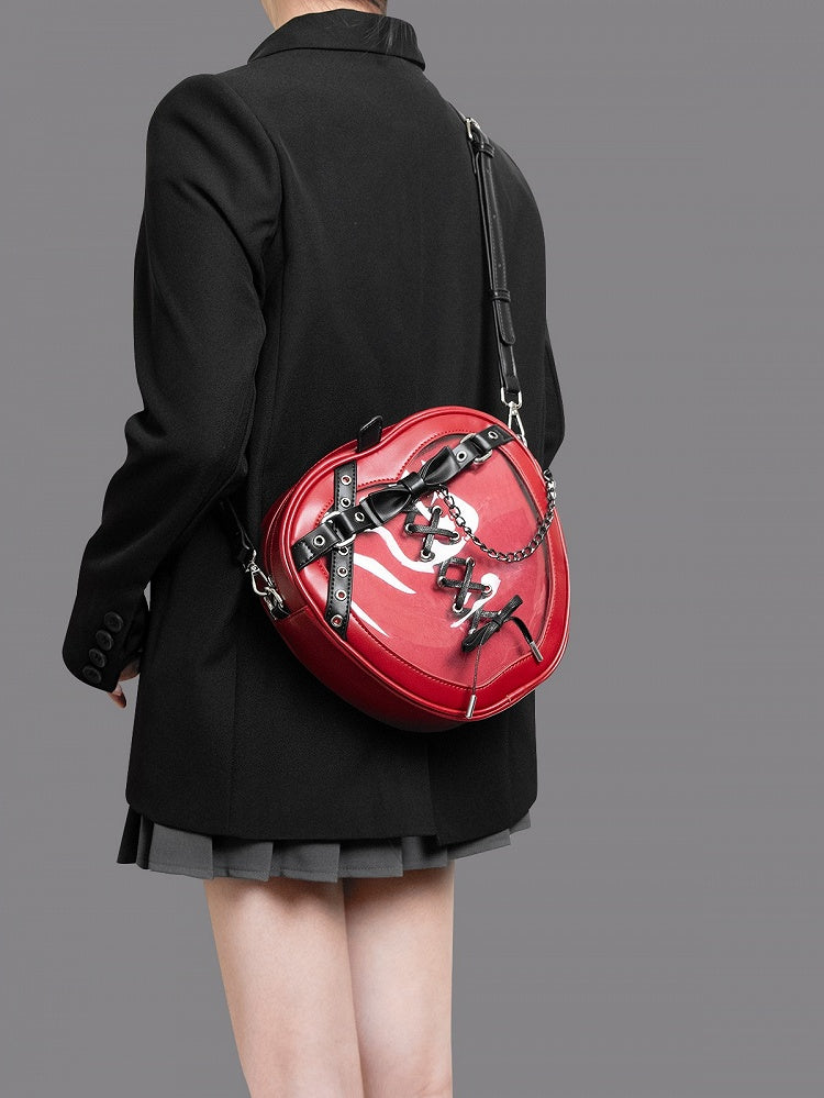Charming Red Apple-Shaped 2-Way Ita Backpack With Black Belt And Bow Accents Small