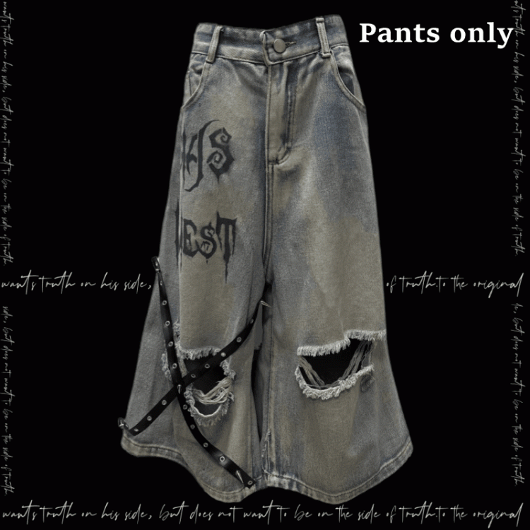 Blue Criss-cross Straps Design Distressed Holes Punk Jeans Y2K