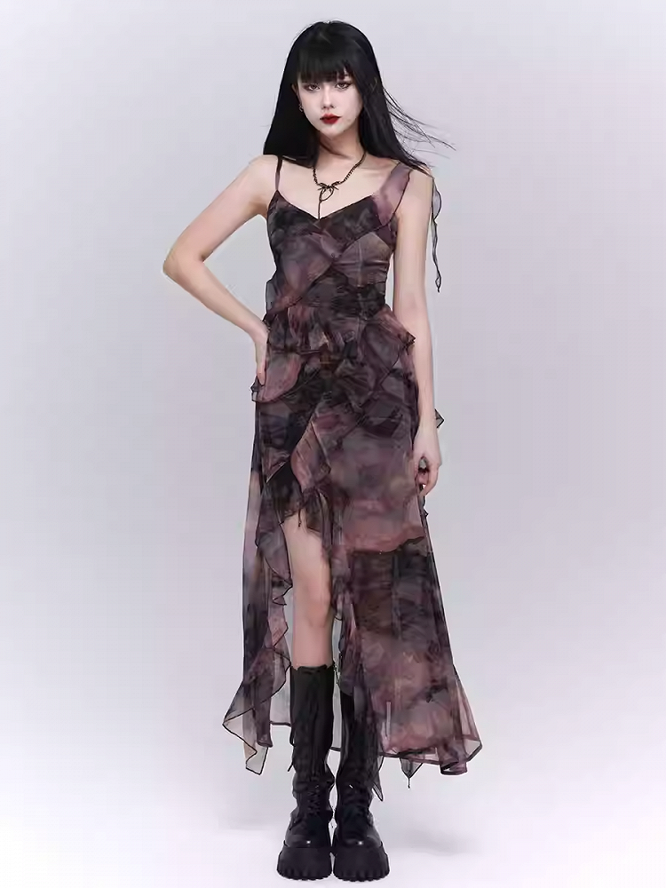 Robe nuisette asymétrique à volants et imprimé papillon violet/gris foncé