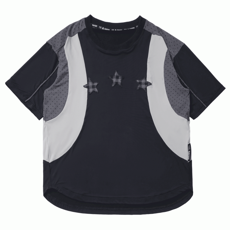 Neck Design Round Sports T-shirt Colorblock Star Appliques Plaid Black/Gray