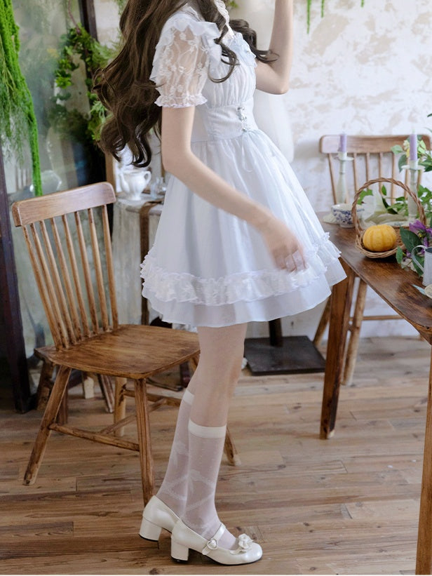 Collar Lace-up Waist Pan Jirai Kei Dress Light Blue Illusion Neckline Peter