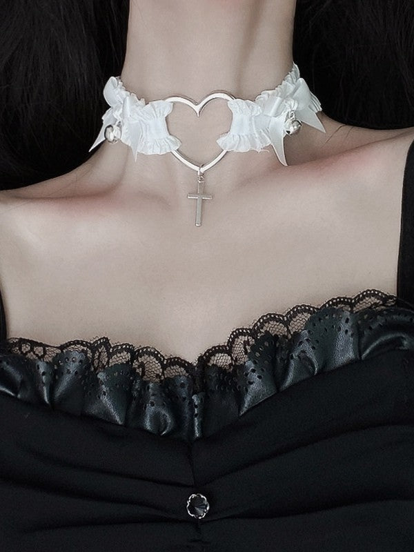 Black/White Bowknot Punk Choker Details Pendant Cross
