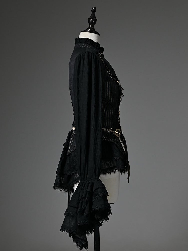 Black Ruffle Neckline Long Cuffs Sleeves Jabot Cadcading