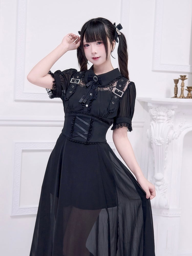 Illusion Black Neckline Dress Free Corset Jirai Buckle with Belt Adorned Kei Long