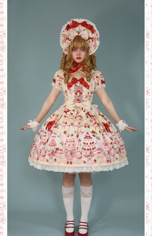 Dress Cake Strawberry / Bow Full Sweet Print Accents Yellow Set Lolita