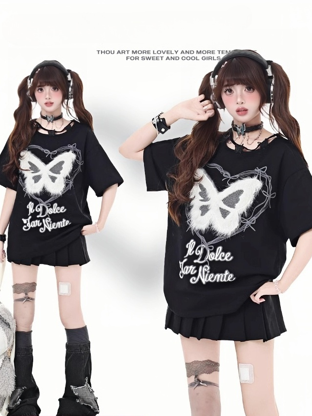 Plush Butterfly Applique Butterfly Neckline Black Design Bittersweet T-Shirt