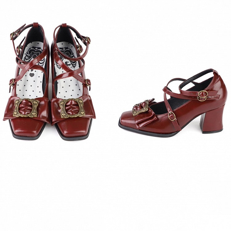 Crisscross Mid-Heel Square Schuhe Fashion Wine Design - Rot 1990er Jahre Zehe Vintage