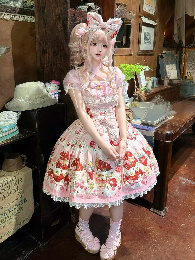 Pink Print Dress Lolita Cake Short Sleeves Sweet Strawberry