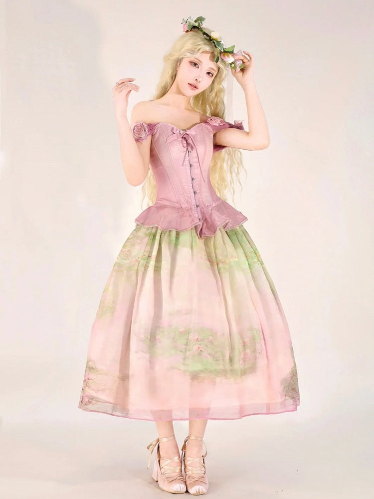 Boned Corset Top with Detachable Floral Adornments Hem Flounce Pink