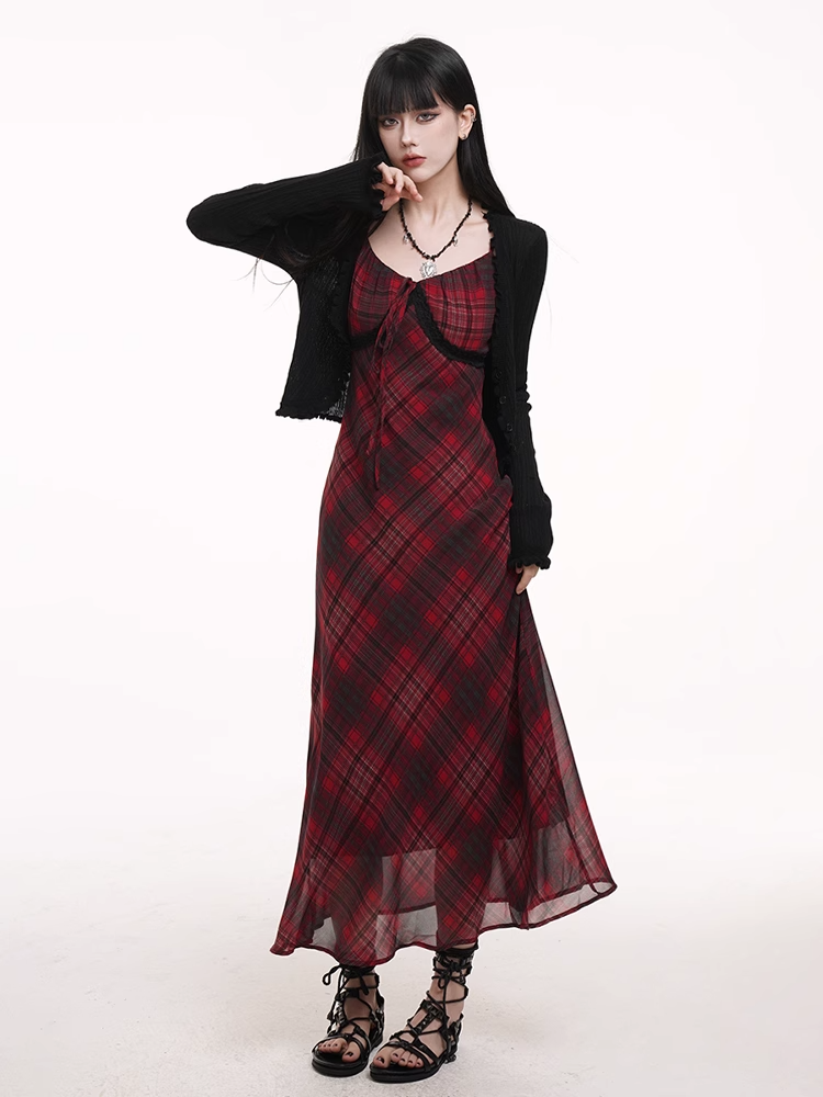 Self-tie Strap Neckline Cami Dress Red Black Plaid V-neck