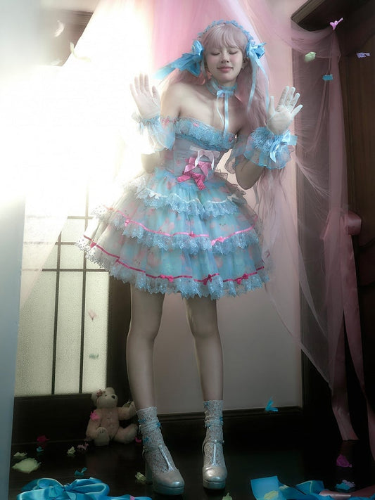 Satin Boning Bunny Dress Lolita Print Accents Cute Blue Bow
