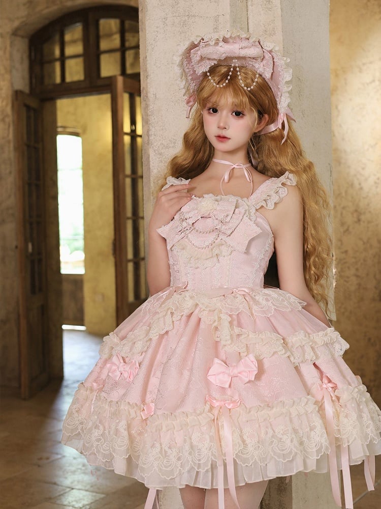 Fabric Pink Lolita Sweet Dress Bow Jacquard Accents Jumper Skirt