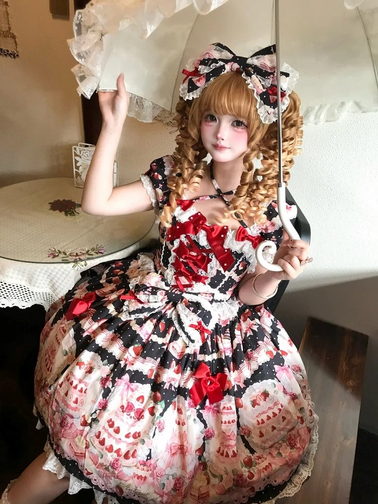/ Accents Cake Sweet Set Print Strawberry Bow Lolita Full Black Dress