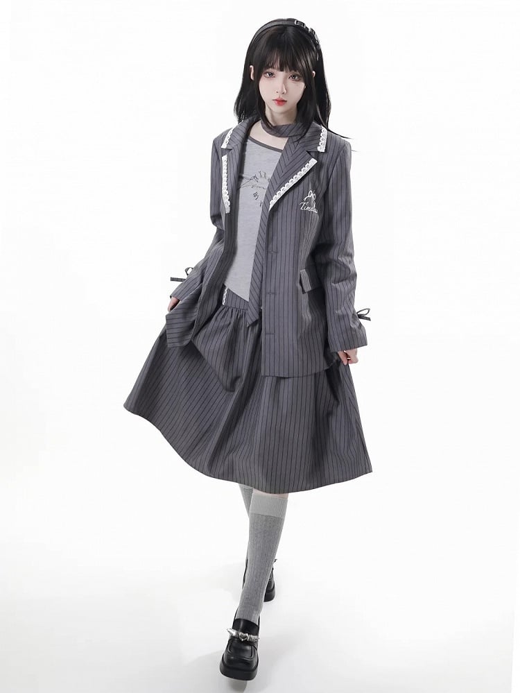 Gray Blazer Aesthetic with Striped - Preppy Bowknot Embroidery Timeless Fit Oversized