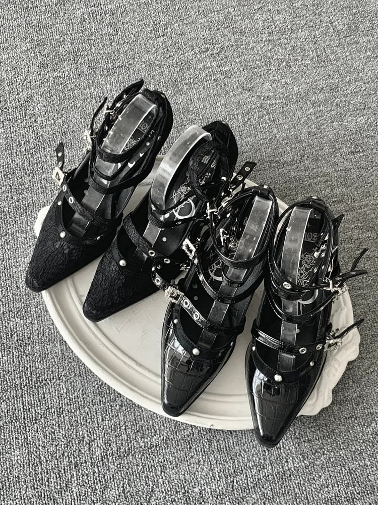 in Buckle Leather Faux Polished 8.5cm Gothic Heel High Crocodile Multiple Heels Straps with Black