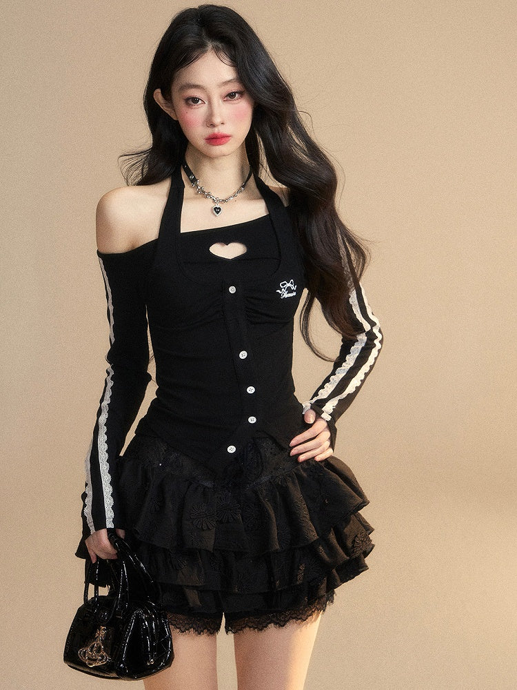 Trim Glamorous Lace Cutout Black Halter Neck Heart-shaped Top Slim-fitting