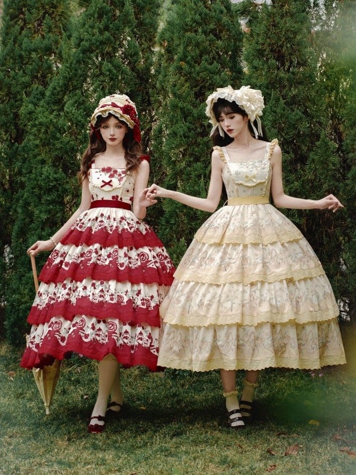 Lily Cherry – Gestuftes Blumenkleid, Lolita-Rock, Pullover, Gelb und klassischer Aufdruck